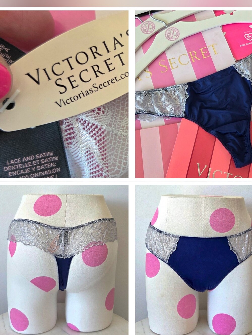Victoria's Secret VTG Very Sexy Navy Blue Satin Lace Thong Tanga Panty NWT
